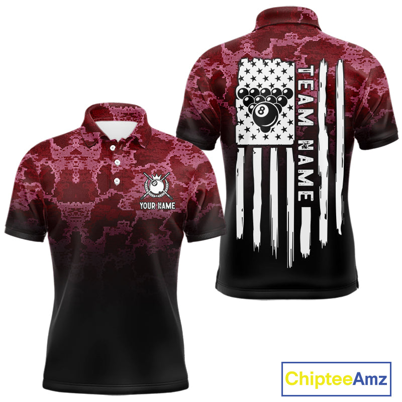 Black And Red Camo US Flag 8 Ball Billiard Shirt For Men Custom Pool Team Jersey Polo & 1/4 Zip TDM5994
