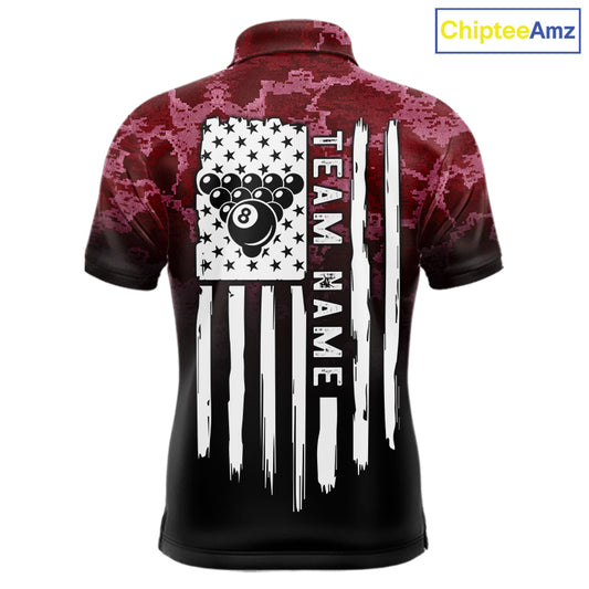 Black And Red Camo US Flag 8 Ball Billiard Shirt For Men Custom Pool Team Jersey Polo & 1/4 Zip TDM5994