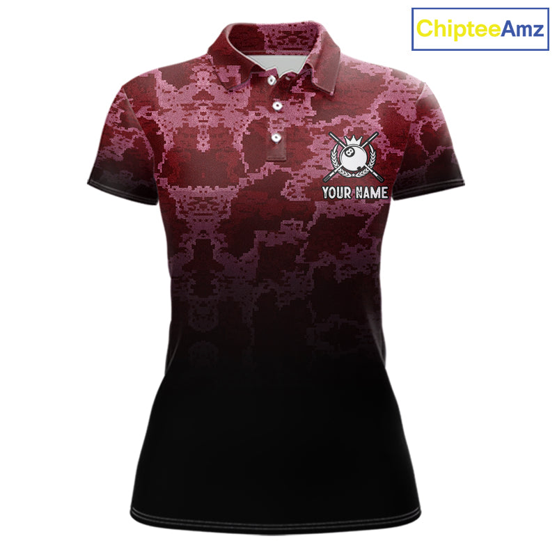 Black And Red Camo US Flag 8 Ball Billiard Shirt For Women Custom Pool Team Jersey Polo & 1/4 Zip TDM5994