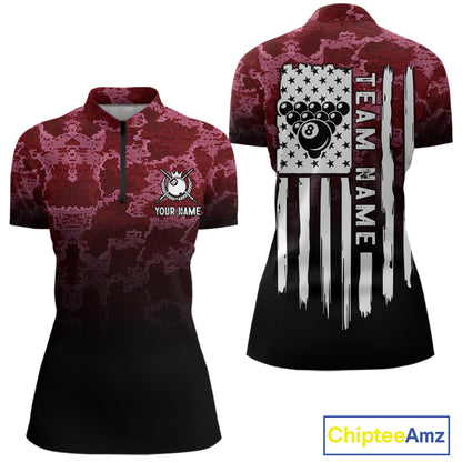 Black And Red Camo US Flag 8 Ball Billiard Shirt For Women Custom Pool Team Jersey Polo & 1/4 Zip TDM5994