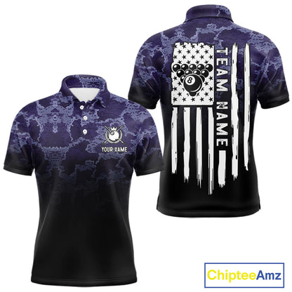 Black And Purple Camo US Flag 8 Ball Billiard Shirt For Men Custom Pool Team Jersey Polo & 1/4 Zip TDM5995