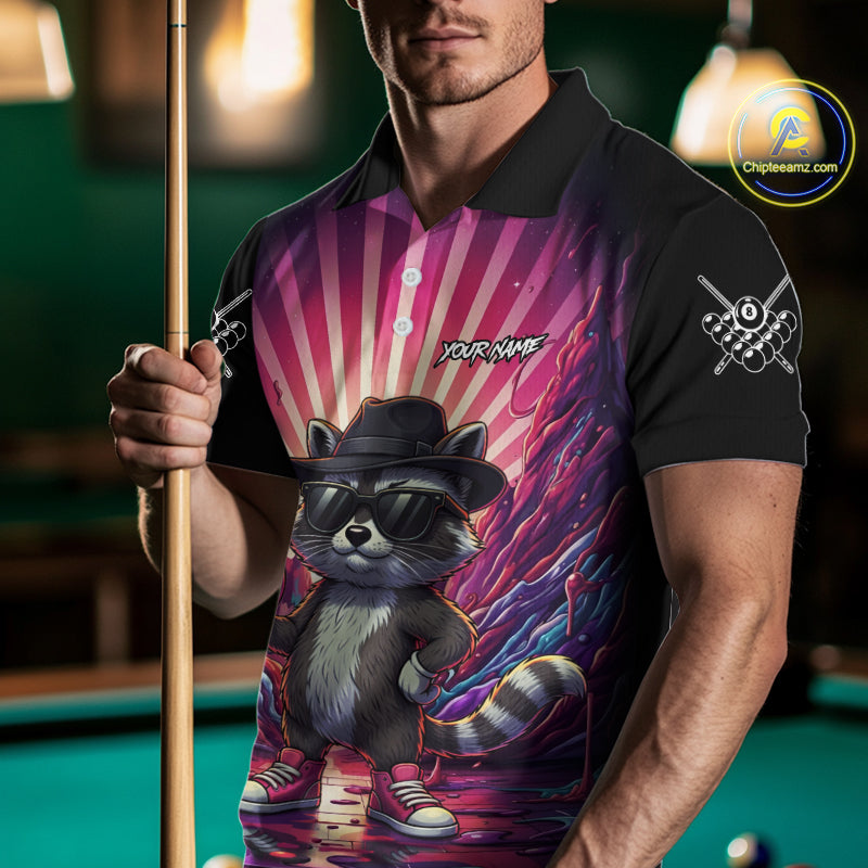 Funny Raccoon 8 Ball Billiard Shirt For Men Custom Pink Graffiti Pool Jersey Team Polo & 1/4 Zip TDM5998