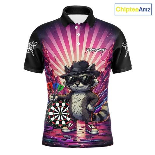 Pink Funny Raccoon Neon Graffiti Darts Shirt For Men Custom Darts Jersey Team Polo & 1/4 Zip TDM6000