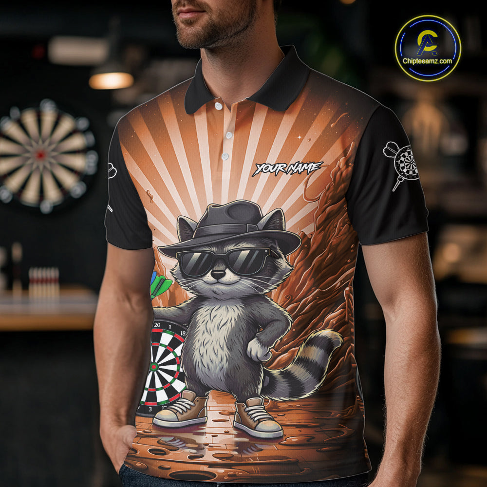 Orange Funny Raccoon Neon Graffiti Darts Shirt For Men Custom Darts Jersey Team Polo & 1/4 Zip TDM6001