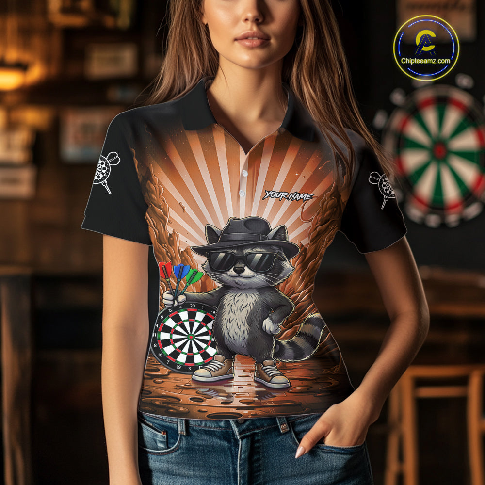 Orange Funny Raccoon Neon Graffiti Darts Shirt For Women Custom Darts Jersey Team Polo & 1/4 Zip TDM6001