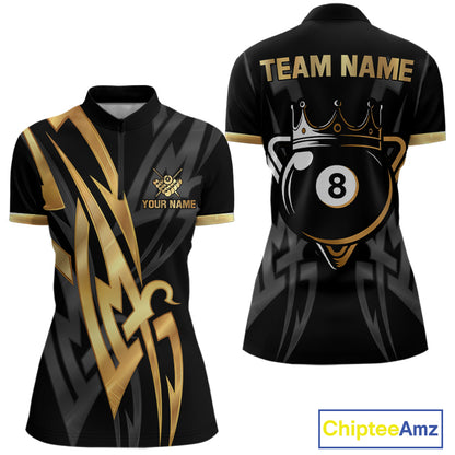 Black And Gold 8 Ball Crown Billiard Shirts For Women Custom Tribal Pool Team Jersey Polo & 1/4 Zip TDM6229