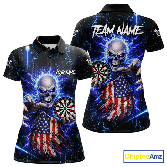 Blue Lightning US Flag Skull Darts Shirt For Women Custom Darts Jersey Team Polo & Quarter Zip TDM6231