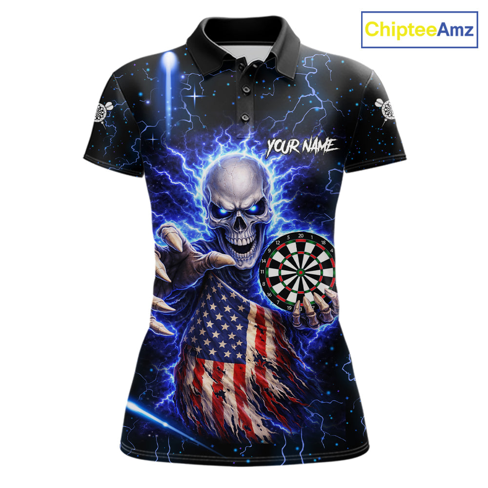 Blue Lightning US Flag Skull Darts Shirt For Women Custom Darts Jersey Team Polo & Quarter Zip TDM6231