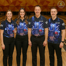 Load image into Gallery viewer, Blue Lightning US Flag Skull Bowling Shirt For Women Custom Bowling Team Jersey Polo &amp; Quarter Zip TDM6232