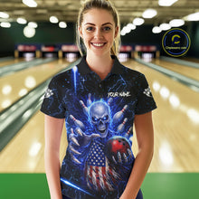 Load image into Gallery viewer, Blue Lightning US Flag Skull Bowling Shirt For Women Custom Bowling Team Jersey Polo &amp; Quarter Zip TDM6232