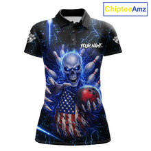 Load image into Gallery viewer, Blue Lightning US Flag Skull Bowling Shirt For Women Custom Bowling Team Jersey Polo &amp; Quarter Zip TDM6232