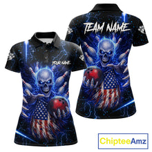 Load image into Gallery viewer, Blue Lightning US Flag Skull Bowling Shirt For Women Custom Bowling Team Jersey Polo &amp; Quarter Zip TDM6232