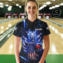 Load image into Gallery viewer, Blue Lightning US Flag Skull Bowling Shirt For Women Custom Bowling Team Jersey Polo &amp; Quarter Zip TDM6232