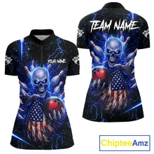 Load image into Gallery viewer, Blue Lightning US Flag Skull Bowling Shirt For Women Custom Bowling Team Jersey Polo &amp; Quarter Zip TDM6232
