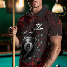 Load image into Gallery viewer, Man wearing a red crack 8 ball billiard jersey beside a pool table front view.