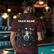 Load image into Gallery viewer, Back view of man wearing a red crack pool team shirt inside a billiards hall.
