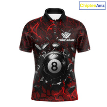 Load image into Gallery viewer, Red crack 8 ball billiard polo shirt for men with bold pool team graphics and tournament-ready style.