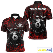 Load image into Gallery viewer, Red crack 8 ball billiard polo shirt for men with bold pool team graphics and tournament-ready style.
