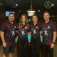 Load image into Gallery viewer, Pool team wearing matching red crack billiard jerseys during league tournaments front view.