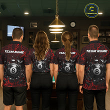 Load image into Gallery viewer, Back view of pool players wearing matching red crack billiard shirts in a game room.