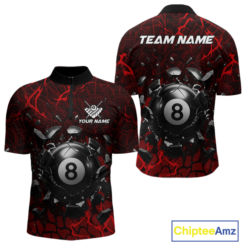 Red crack 8 ball billiard quarter zip shirt for men designed for league nights and competitive matches.