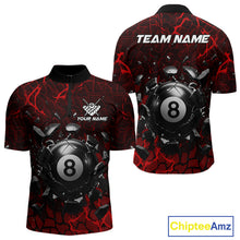 Load image into Gallery viewer, Red crack 8 ball billiard quarter zip shirt for men designed for league nights and competitive matches.