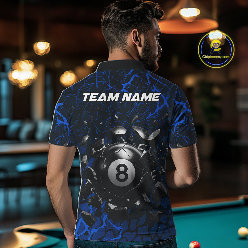Back view of man wearing a blue crack pool shirt in a billiards hall.