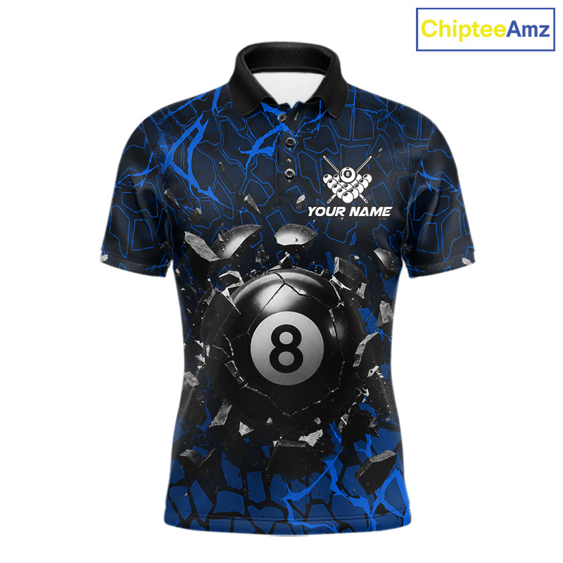 Blue crack 8 ball billiard polo shirt for men with bold league graphics and custom team style.