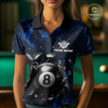 Load image into Gallery viewer, Woman wearing a blue crack 8 ball billiard jersey during pool league play front view.