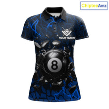 Load image into Gallery viewer, Blue crack 8 ball billiard polo shirt for women with bold league graphics and custom team style.