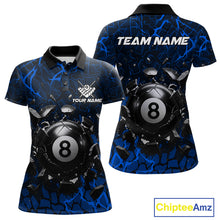 Load image into Gallery viewer, Blue crack 8 ball billiard polo shirt for women with bold league graphics and custom team style.