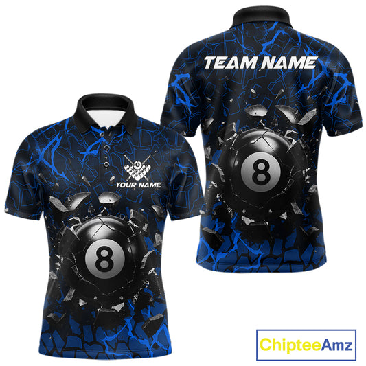 Blue crack 8 ball billiard polo shirt for men with bold league graphics and custom team style.