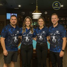 Load image into Gallery viewer, Pool team wearing matching blue crack billiard jerseys during tournament matches front view.
