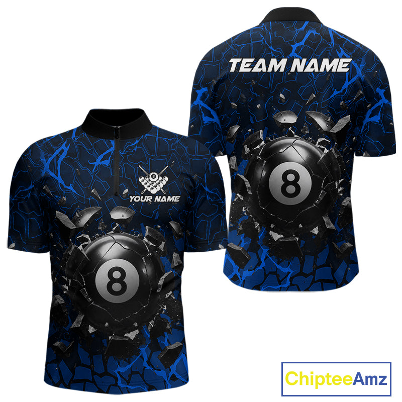 Blue crack 8 ball billiard quarter zip shirt for men built for pool tournaments and league competition.