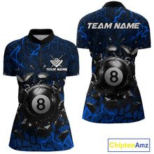 Load image into Gallery viewer, Blue crack 8 ball billiard quarter zip shirt for women built for pool tournaments and league competition.