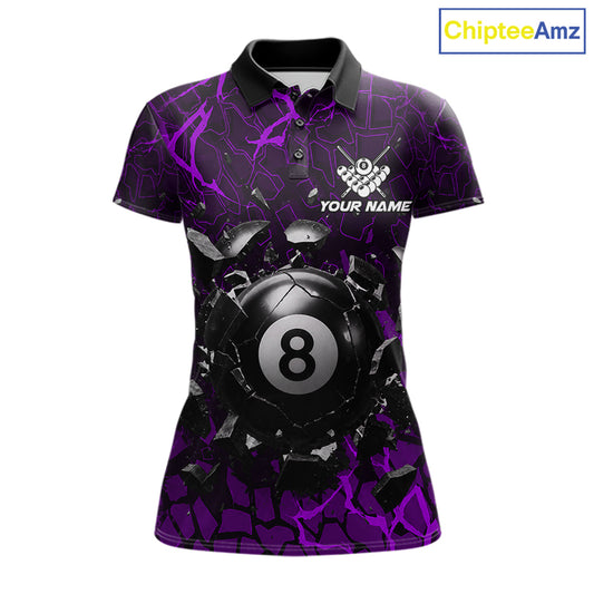 Purple crack 8 ball billiard polo shirt for women with modern pool team graphics and league-ready style.