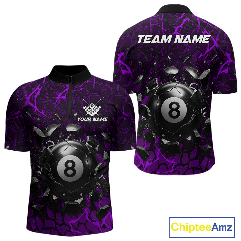 Purple crack 8 ball billiard quarter zip shirt for men designed for competitive tournaments and team matches.