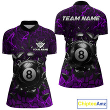 Load image into Gallery viewer, Purple crack 8 ball billiard quarter zip shirt for women designed for competitive tournaments and team matches.