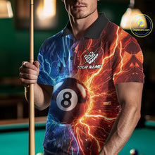 Load image into Gallery viewer, Man wearing blue and orange lightning 8 ball pool billiard polo shirt front view.