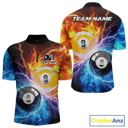 Custom blue and orange lightning 8 ball and 9 ball billiard quarter zip shirt for men, personalized pool team jersey.