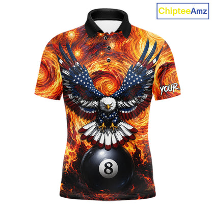 Custom fire flame red 8 ball US flag eagle billiard pool team jersey polo shirt for men, personalized billiard league apparel.