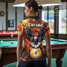 Load image into Gallery viewer, Woman wearing custom fire flame red 9 ball US flag eagle billiard polo shirt back view.
