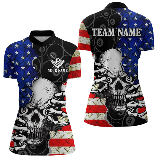 Personalized American Flag Skull Billiard Shirts For Women, Patriotic 8 Ball Billiard Jersey TDM3124