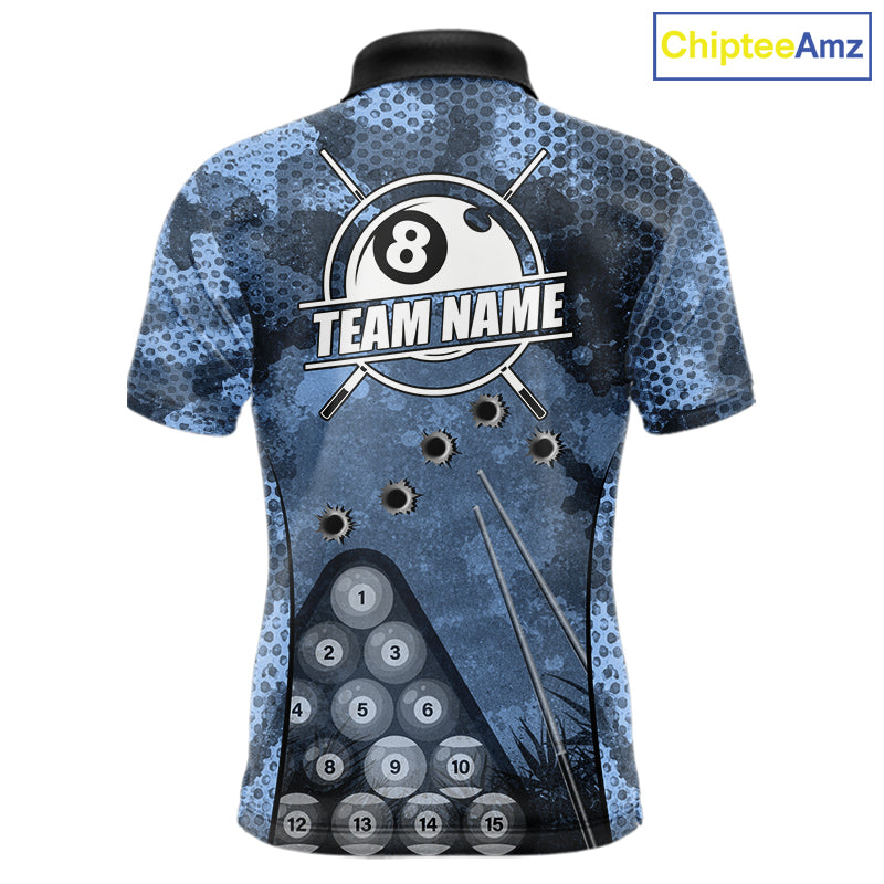 Blue Camo 8 Ball Billiard Shirt For Men Custom Pool Team Shirt, Billiard Jersey Polo & 1/4 Zip TDM6008
