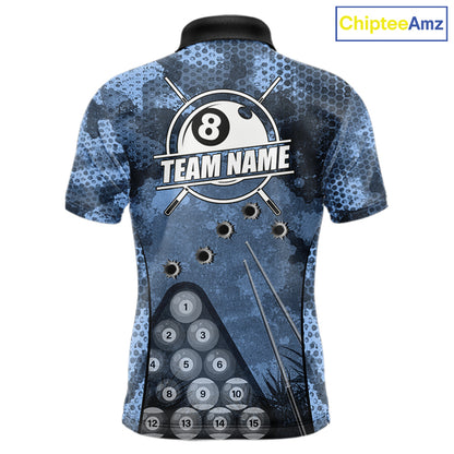Blue Camo 8 Ball Billiard Shirt For Men Custom Pool Team Shirt, Billiard Jersey Polo & 1/4 Zip TDM6008