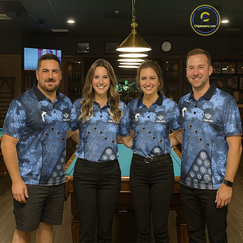 Blue Camo 8 Ball Billiard Shirt For Women Custom Pool Team Shirt, Billiard Jersey Polo & 1/4 Zip TDM6008