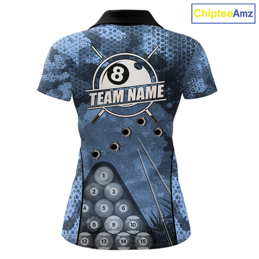 Blue Camo 8 Ball Billiard Shirt For Women Custom Pool Team Shirt, Billiard Jersey Polo & 1/4 Zip TDM6008
