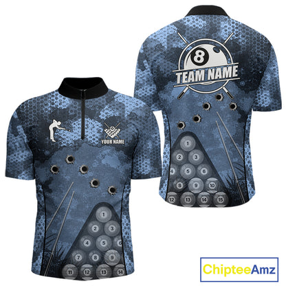 Blue Camo 8 Ball Billiard Shirt For Men Custom Pool Team Shirt, Billiard Jersey Polo & 1/4 Zip TDM6008