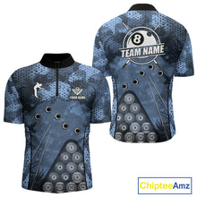Load image into Gallery viewer, Blue Camo 8 Ball Billiard Shirt For Men Custom Pool Team Shirt, Billiard Jersey Polo &amp; 1/4 Zip TDM6008