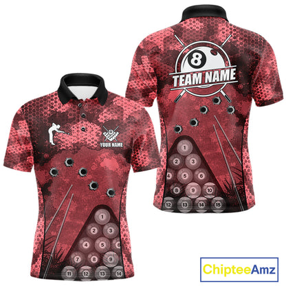 Red Camo 8 Ball Billiard Shirt For Men Custom Pool Team Shirt, Billiard Jersey Polo & 1/4 Zip TDM6009